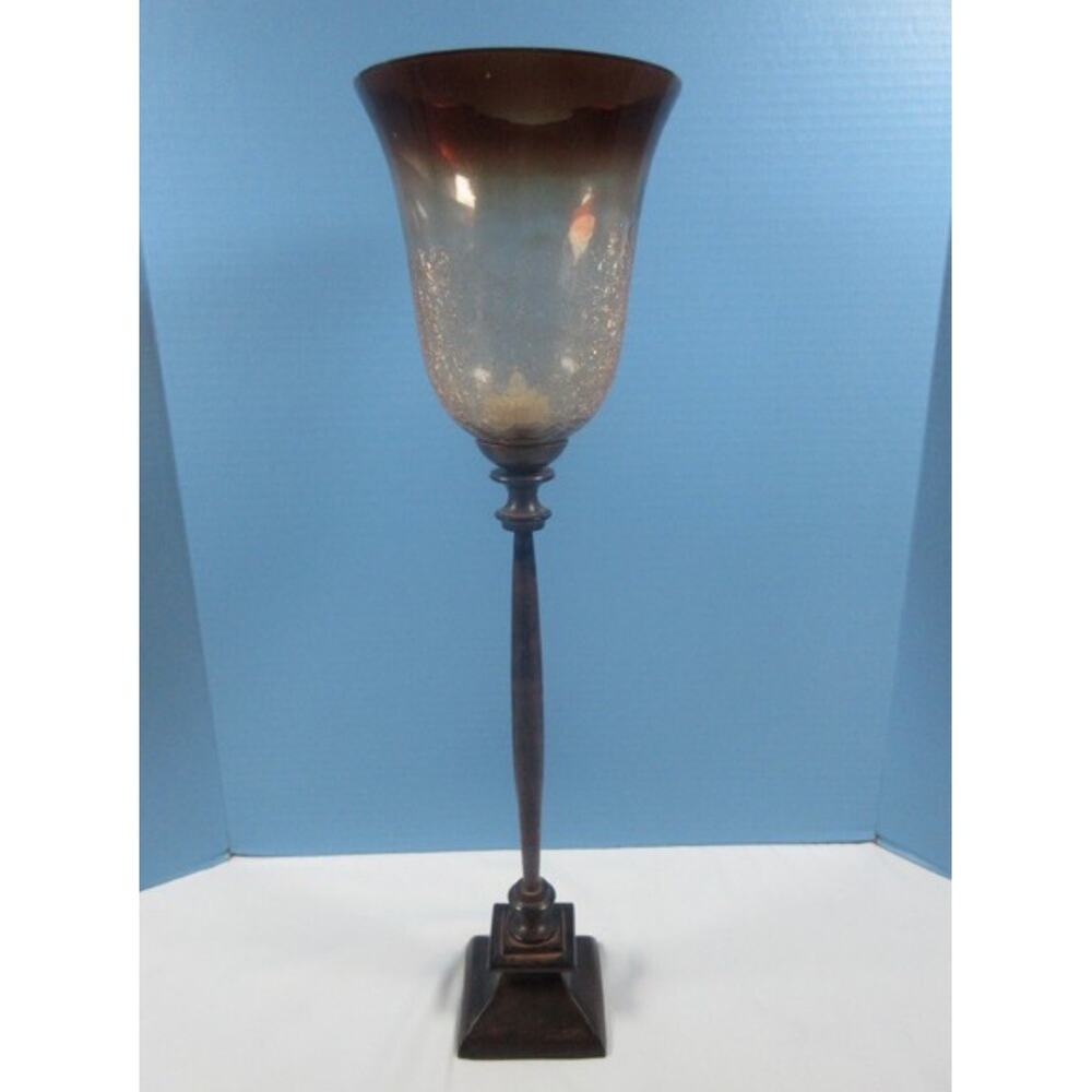 Bronze Patina 22 1 2" Hurricane Candle Stick Amethyst Ombre Crackle Glass Shade